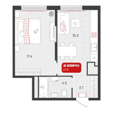 1-комнатная, 41.9 м²