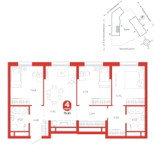3-комнатная, 75.6 м²