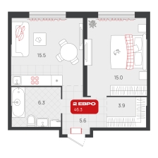 1-комнатная, 46.3 м²