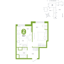 1-комнатная, 35.7 м²
