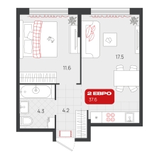 1-комнатная, 37.6 м²