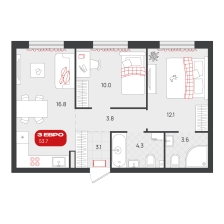 2-комнатная, 53.7 м²
