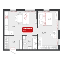 1-комнатная, 44.1 м²
