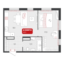 1-комнатная, 46.5 м²