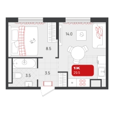 1-комнатная, 29.5 м²