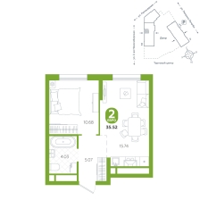 1-комнатная, 35.5 м²