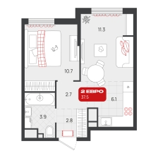 1-комнатная, 37.5 м²