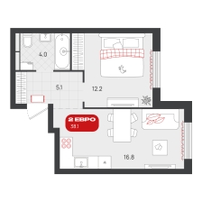 1-комнатная, 38.1 м²