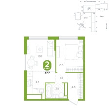 1-комнатная, 37.7 м²