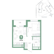 1-комнатная, 34.8 м²