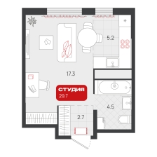Студия, 29.7 м²