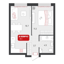 1-комнатная, 36.1 м²