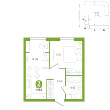 1-комнатная, 37 м²