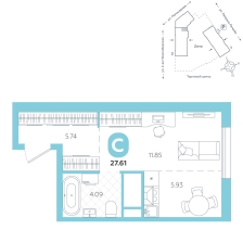 Студия, 27.6 м²