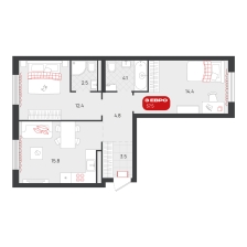 2-комнатная, 57.5 м²