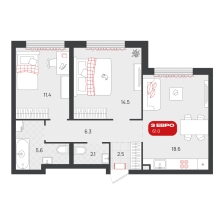 2-комнатная, 61 м²