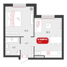 1-комнатная, 42 м²