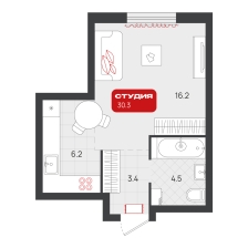 Студия, 30.3 м²