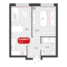 1-комнатная, 36.6 м²