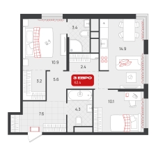 2-комнатная, 62.4 м²