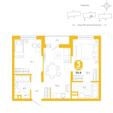 2-комнатная, 55.9 м²