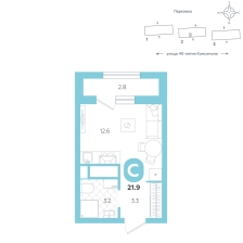Студия, 21.9 м²