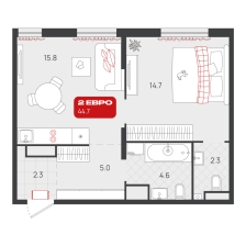 1-комнатная, 44.7 м²