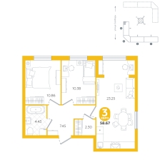 2-комнатная, 58.7 м²