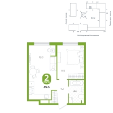 1-комнатная, 39.5 м²
