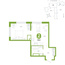 1-комнатная, 39.9 м²