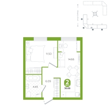 1-комнатная, 36.7 м²
