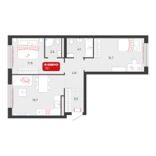 2-комнатная, 58.1 м²