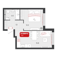 1-комнатная, 38.1 м²