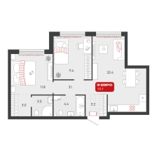 2-комнатная, 62.3 м²