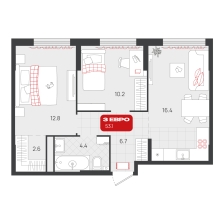 2-комнатная, 53.1 м²