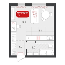 Студия, 29.1 м²