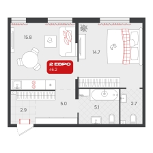 1-комнатная, 46.2 м²