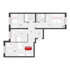 3-комнатная, 77.1 м²