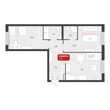 2-комнатная, 62.6 м²