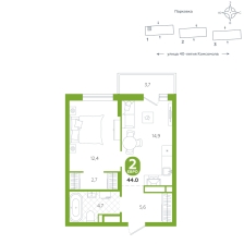 1-комнатная, 44 м²