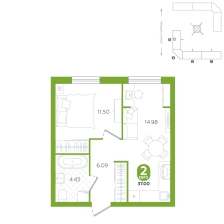 1-комнатная, 37 м²