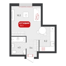 Студия, 30.3 м²