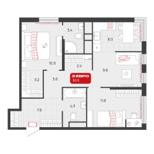 2-комнатная, 66.8 м²