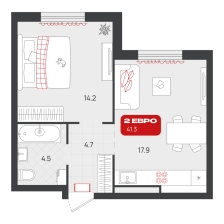 1-комнатная, 41.3 м²