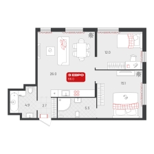 2-комнатная, 66 м²