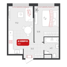 1-комнатная, 39.1 м²