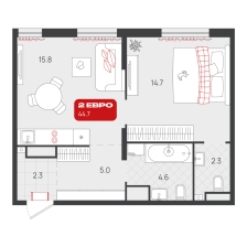1-комнатная, 44.7 м²