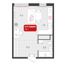 Студия, 28.7 м²