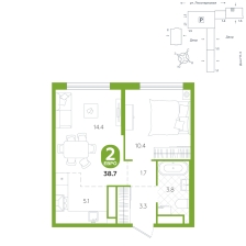 1-комнатная, 38.7 м²