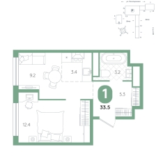 1-комнатная, 33.5 м²